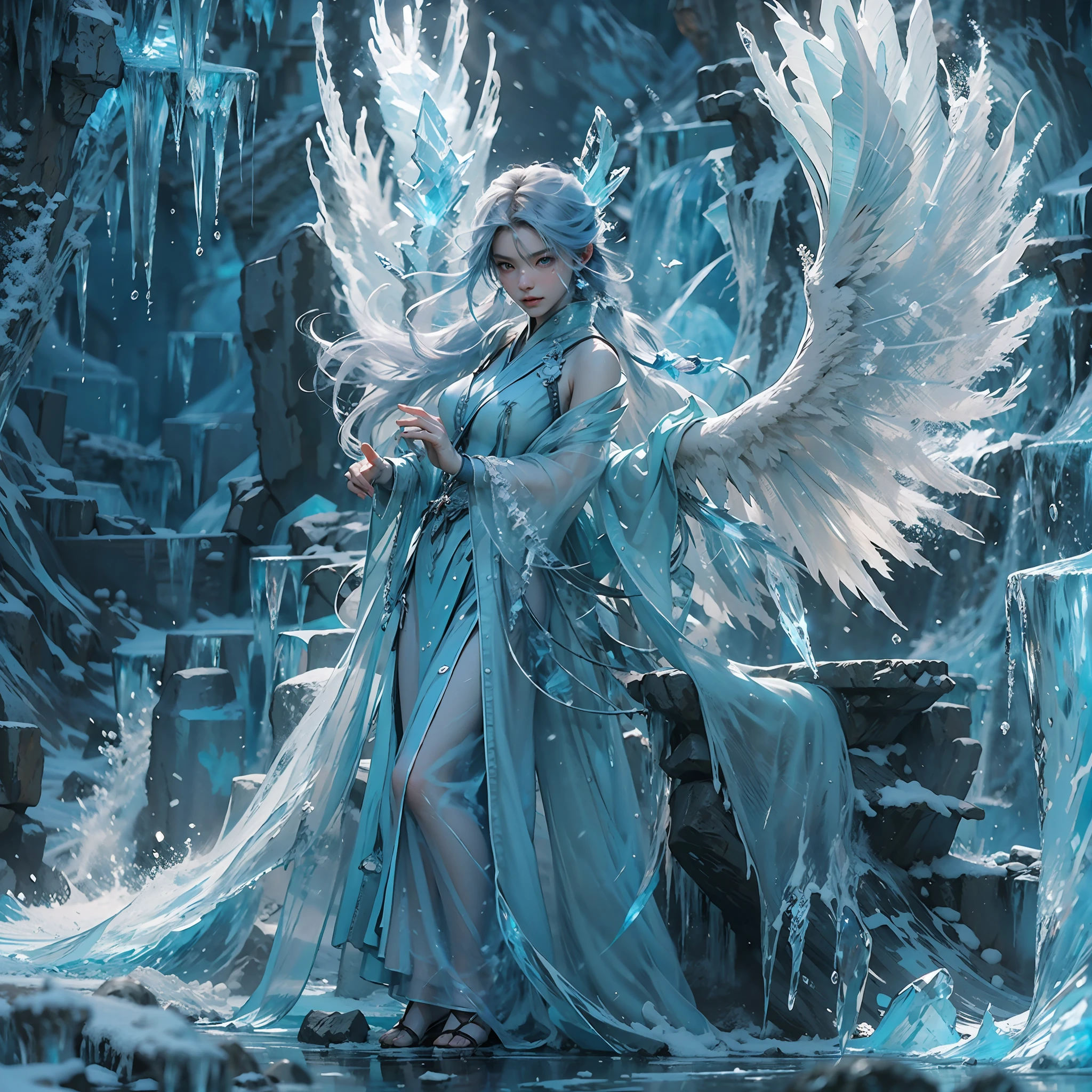 (((1 девушка)))，имперская вода，Волшебник，（свободное платье：1.5），（Идеальные черты лица：1.4），（синий шелковый халат），（Таинственные магические образования：1.2），синее свечение，（Морозные крылья），(((Мощная ледяная магия)))，(((сосульки)))，Возвышаясь над пейзажем，Синий свет, холодный свет，(((Ледяные бури)))，ветер，((Летающий снег, лед и снег))，Потрясающие результаты，,лучший специалист по качеству,tшедевр,сверхвысокое разрешение,детально детализированный,Сложные детали,Разрешение 8К,8KUCG обои,HDR,вода голубая,Магический массив,кинематографические световые эффекты,контраст света и тени，Трассировка лучей、NVIDIA РТХ