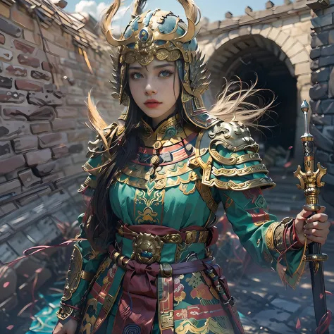 in a panoramic view，sportrait，photorealestic，Modern style，Blue sky, the great wall，3girl，Three American generals，Dressed in gorgeous golden Chinese armor，Golden helmet，Riding a black war horse，holding sabre，Stand in front of the Great Wall，Sharp eyes，profe...