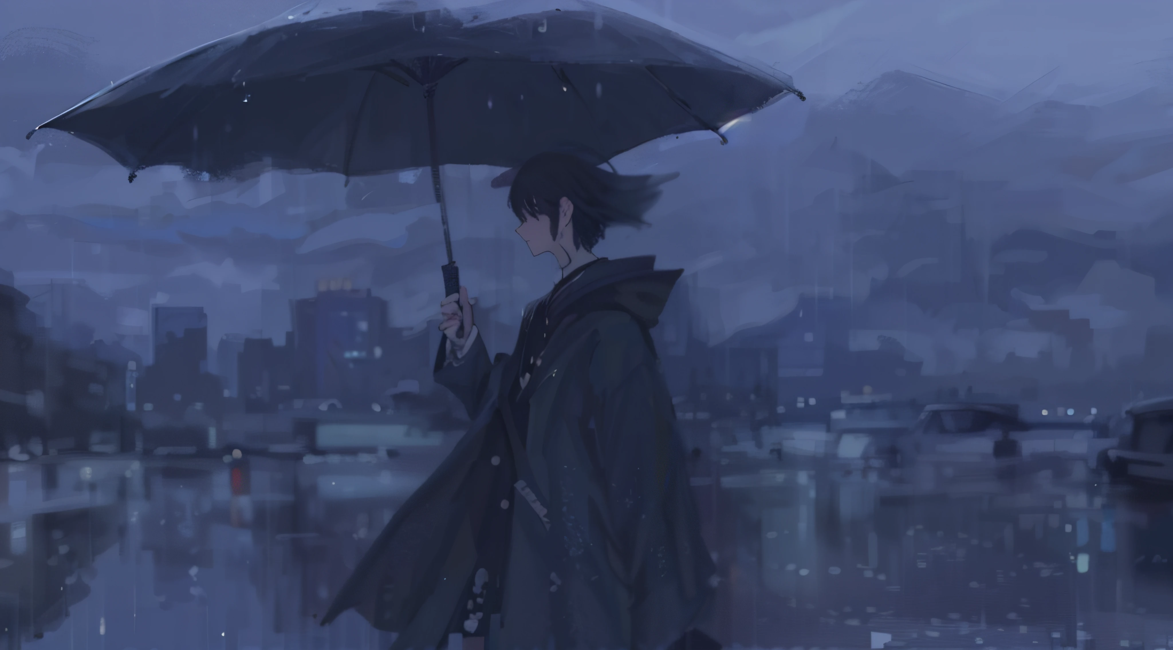 There was a man walking in the rain with an umbrella, Inspired by Itō Shinsui, Rain aesthetics, rainy and gloomy atmosphere, In the evening rain, at evening during rain, grainy movie still, Guviz, still from a music video, cinematic stillframe, from a movie scene, video still, a still of an ethereal