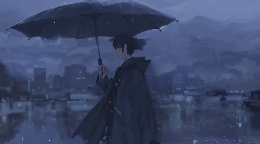 there was a man walking in the rain with an umbrella, inspired by itō shinsui, rain aesthetics, rainy and gloomy atmosphere, in ...