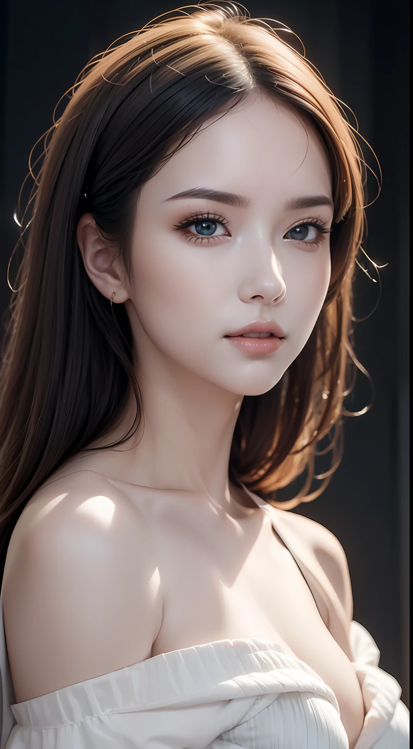 (masterpiece:1.2), (best quality), (ultra detailed), (8k,intricate), (lens 135mm,f1.8),(photorealistic)(black background:1.3),
portrait photography,(upper body:1.3),(off-shoulder),
side lighting,Rim lighting,best shadow,face light source,
perfect anatomy,	perfect face,perfect female body,first-rate female bodies,
Detailed skin texture, detailed cloth texture, detailed beautiful face,exquisitely detailed skin,highly detailed skin,pale skin,detailed hair,glistening skin,