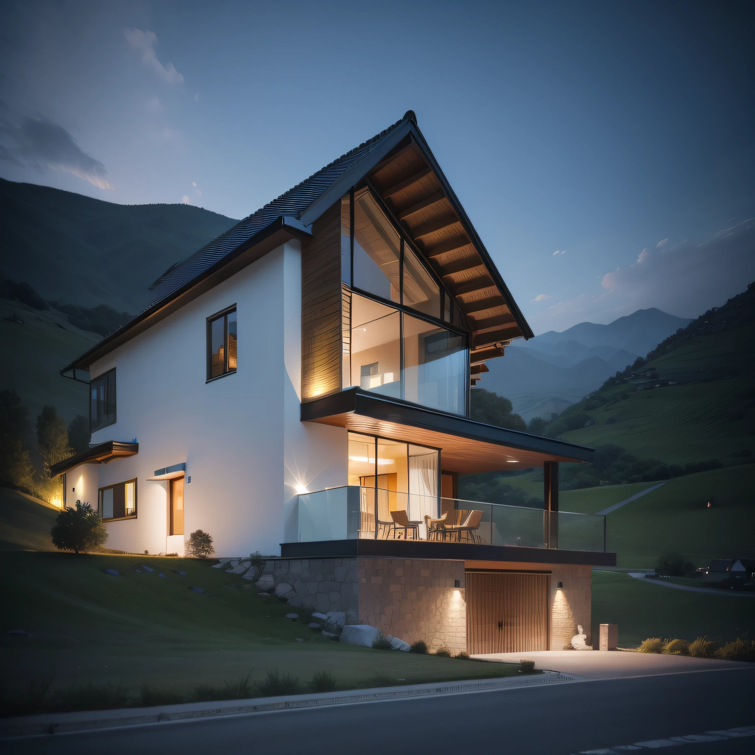 ((masterpiece, best quality))，8K，Huge fireworks in the sky at night，Beautiful fireworks，bird's eyes view，Vast hillside，Render renderings，little cottage，Night rendering，modernn architecture，Glass curtain wal，Modern villa