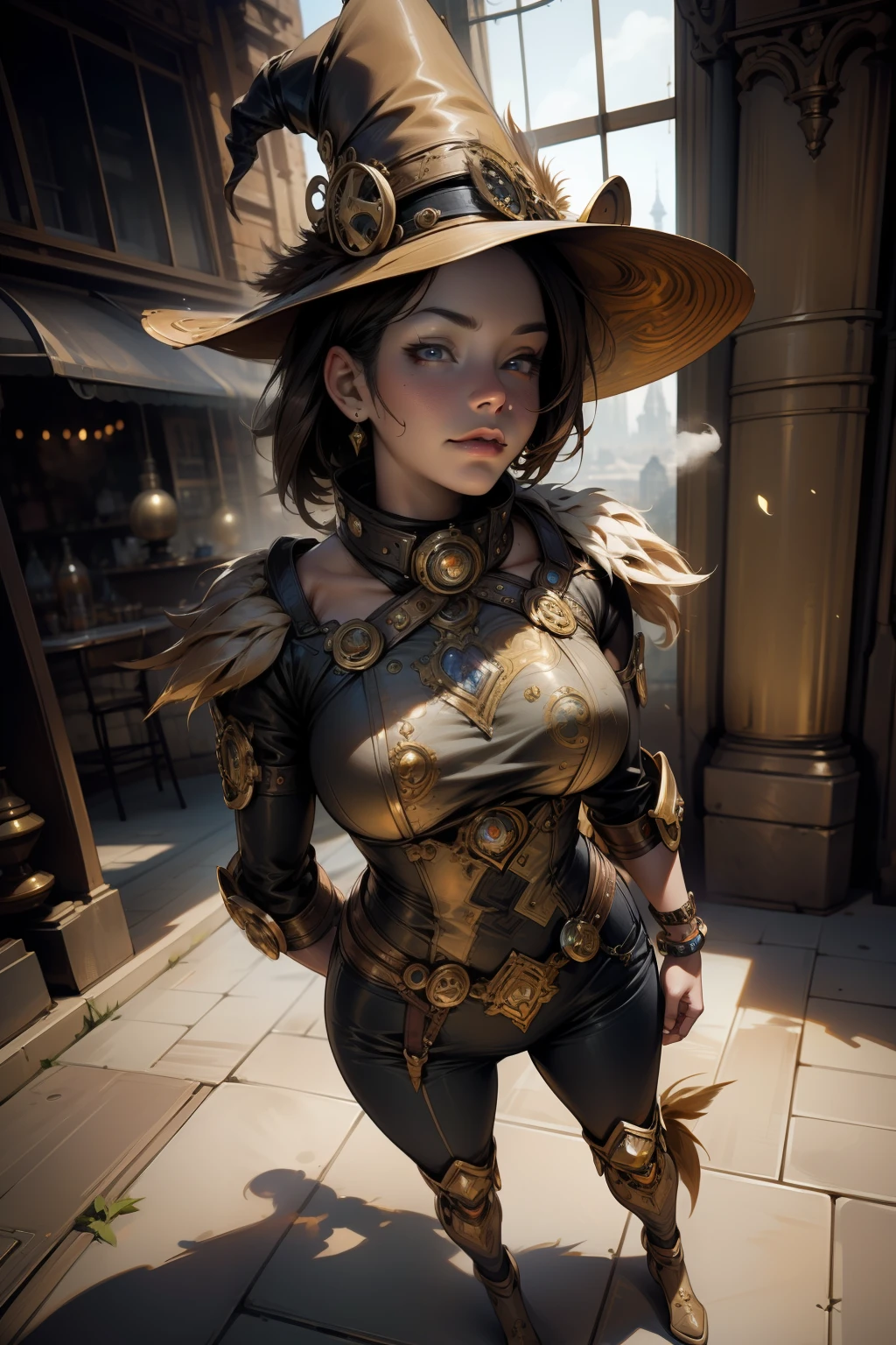 portrait of "Complete art masterpiece, high quality, ultra detailed in 4k, 8k, high resolution, hyper-realistic photo, hyper-detailed, realistic skin texture, amazing shadows, extremely detailed texture, perfect lighting, high-level image quality." A woman witch of a steam punk mix with genji robot, face is visible of girl,Fair skin, blond hair, outlined eyes, outlined face, bracelet, Full body, Nice leather clothes mix with gold feathers, steam punk dirty city on back