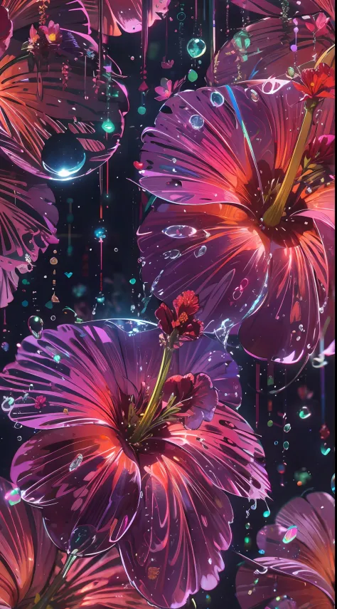 hibiscus Moon with water drops,neon glow, random background, sun rise, bokha mood