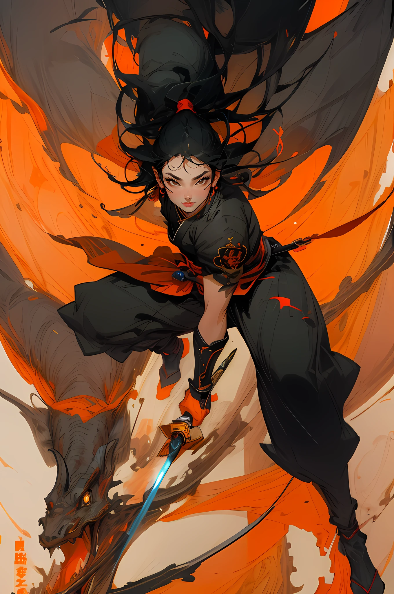 Best quality, Masterpiece, 超高分辨率,1girll,Beautiful_face, Detailed skin, gu, Dragon, Dragon Head, Dragon in the background, full bodyesbian, arma, Black hair, holding weapon, Blood, arm guards, Male focus, view the viewer, Black eyes, tabi, floating hairfull body, Orange, Leaning forward