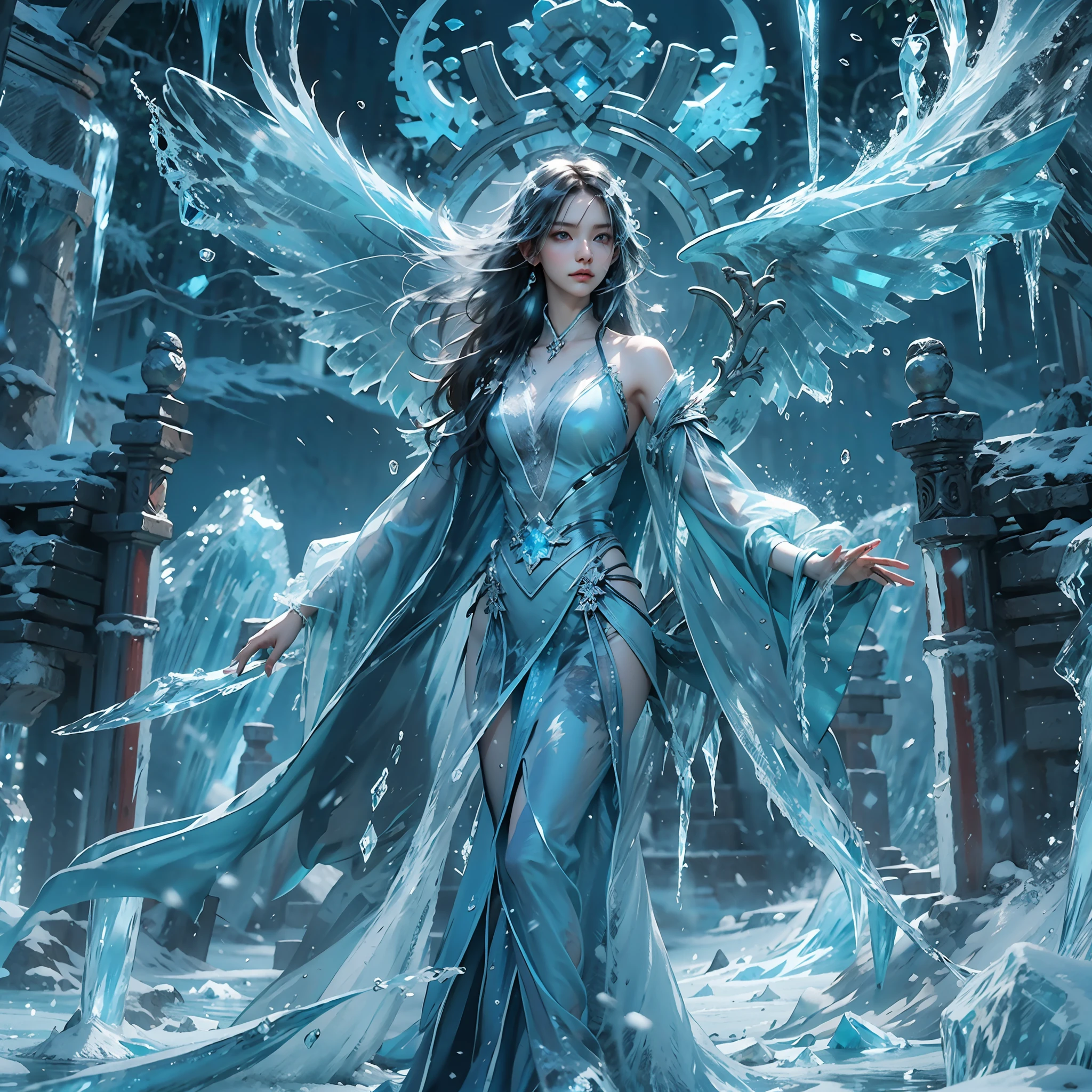 (((1個女孩)))，皇水，魔術師，（寬鬆連身裙：1.5），（完美的臉部特徵：1.4），（藍色絲綢長袍），（神秘的魔法陣：1.2），藍色發光，（冰霜之翼），(((強大的冰系魔法)))，(((冰柱)))，高聳於風景之上，藍光冷光，(((冰暴)))，風，((飛雪冰雪))，驚人的結果，,最佳品质者,傑作,超高解析度,詳細的,复杂的细节,8K分辨率,8KUCG壁紙,高動態範圍,水藍色,魔法陣,电影灯光效果,明暗對比，射線追蹤、NVIDIA RTX
