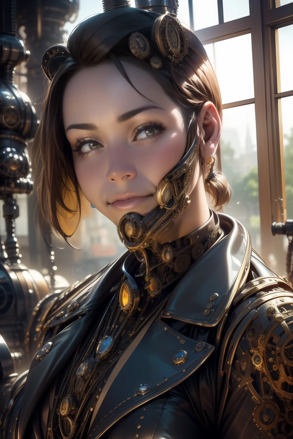 photo of PelageaASMR (front to camera), detailed european face, (aspiring facial expression), (((steampunk style close))), ((steampunk city on the background)), RAW, analog style, ultra detailed photograph, cinematic lighting, artstation, 4k, sharp focus, high resolution, detailed skin, detailed eyes