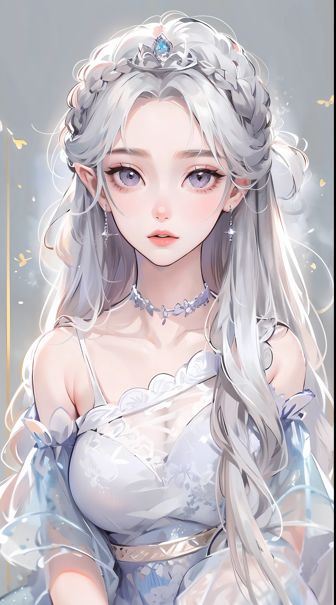 Best quality, highly detailed, masterpiece, ultra detailed, (reality: 1.2), 1 girl, (white background), simple background, delicate eyes, silver hair, purple eyes, hair_ornament, (white off-the-shoulder shirt: 1.3), long hair, pointy_ears, crown_braid, expressionless, straight hair, (++ sitting: 1.2), room,