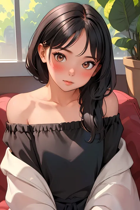 (masterpiece, best quality), 1girl, off shoulder, blush, alternate hairstyle, looking at viewer, pattern, bangs,