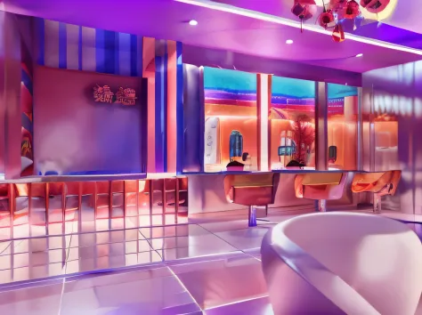 barbershop、Cashier front desk、Interior design、Realistic scenarios、Dopamine color、High saturation of colors、Bright tones、Lively and busy place、Brightly colored balloons、Gorgeous flowers、poster for、vibrant scene。