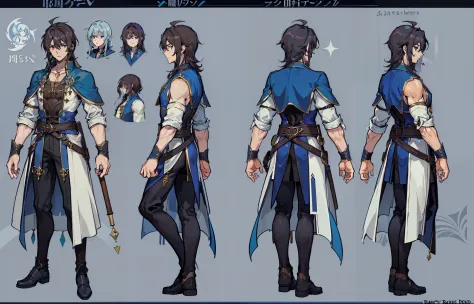 1man, reference sheet, (fantasy character design, front, back, side) manly, mage, magic user, broad shoulders, tall, lean athlet...