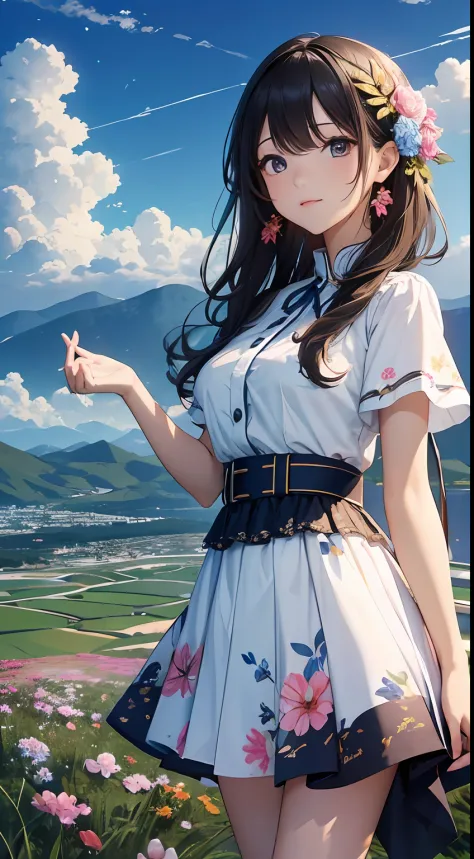 （Close-up of the painting style，8k ultra high definition，Masterpiece grade vista CG wallpaper），Beautiful skyline，Magnificent sky，美丽细致的眼睛，cute girly，Perfect slim body，shift dresses，Pure eyes，The skin is smooth like a baby，Standing on a high mountain overloo...