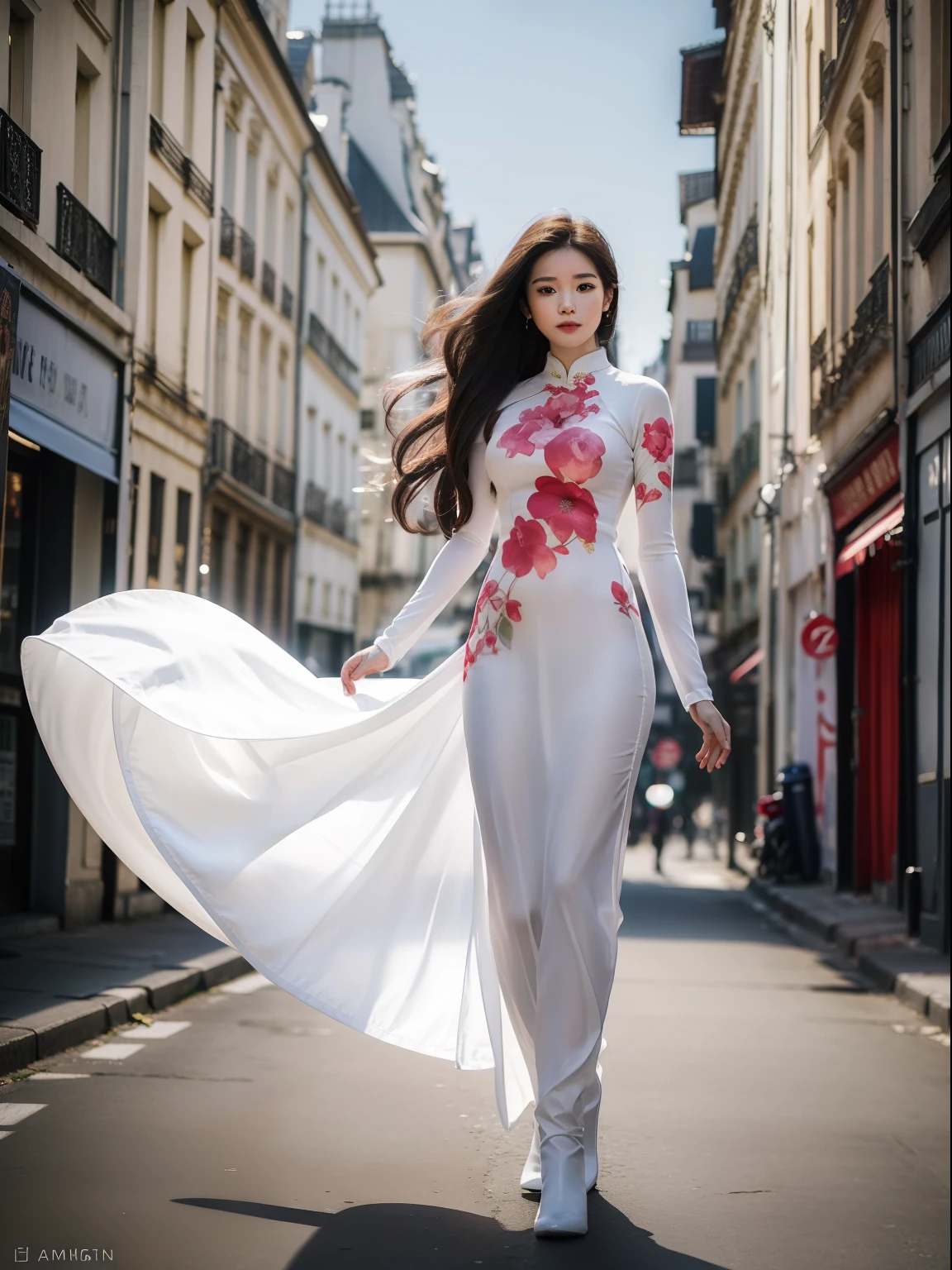 Best quality,masterpiece,ultra high res,(photorealistic:1.4),1 girl, solo,young and beautiful girl , 20 years old , long hair , wearing white Ao Dai , full body portrait , artistic style , bright light , posing on the streets of Paris , Taken with a Canon EOS 5D Mark IV, with the exposure adjusted to soften the light