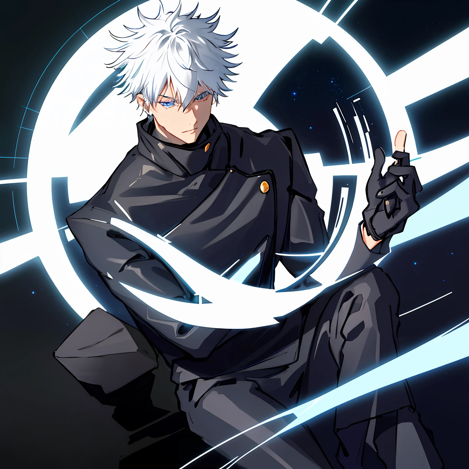 1boy, Satoru Gojo a man in a black coat and black pants, (white hair), (masterpiece), best quality, highres, (realistic face:1.1), (hyperrealistic:1.3), 4k, 8k, Detailed Illustration, intricate detail, glowing particles, floating, cinematic lighting, sharp shadows, amazing quality, amazing shading, (symetrical:0.5), facing camera, ultra-detailed, black default_outfit , ((upperbody)), night, moon, full moon, detailed galaxy, detailed background, (outdoors:1.3), (Universe_galaxy background:1.3), sitting,relaxed, blue eyes, looking at viewer, detailed eyes, detailed face, realistic,