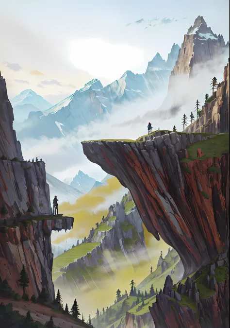 there is a painting，a man standing on a cliff, mountainside, cliffside, mountain scene, arte de fundo, cliff side, low details. ...