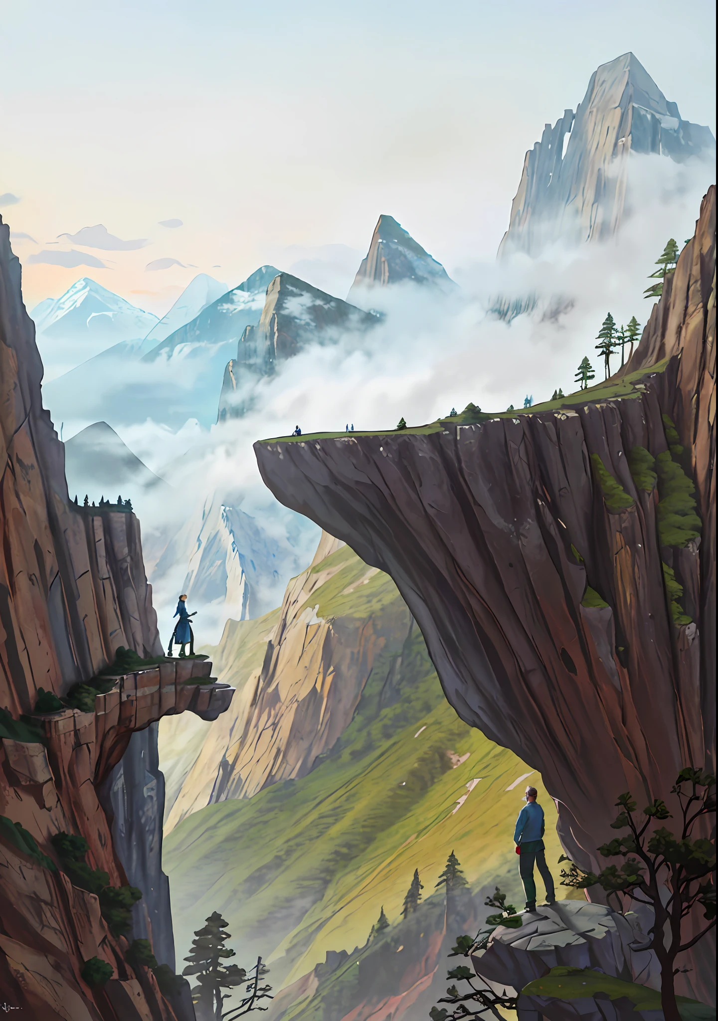 There is a painting，A man standing on a cliff, mountainside, cliffside, mountain scene, arte de fundo, Cliff side, low details. Digital painting, painted as a game concept art, mountainous background, Mountain background, scenery game concept art, detailed trees and cliffs, Detailed scenery —width 672, Anime landscape, background mountains, avatar landscape