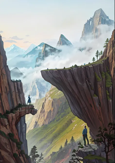 There is a painting，A man standing on a cliff, mountainside, cliffside, mountain scene, arte de fundo, Cliff side, low details. ...