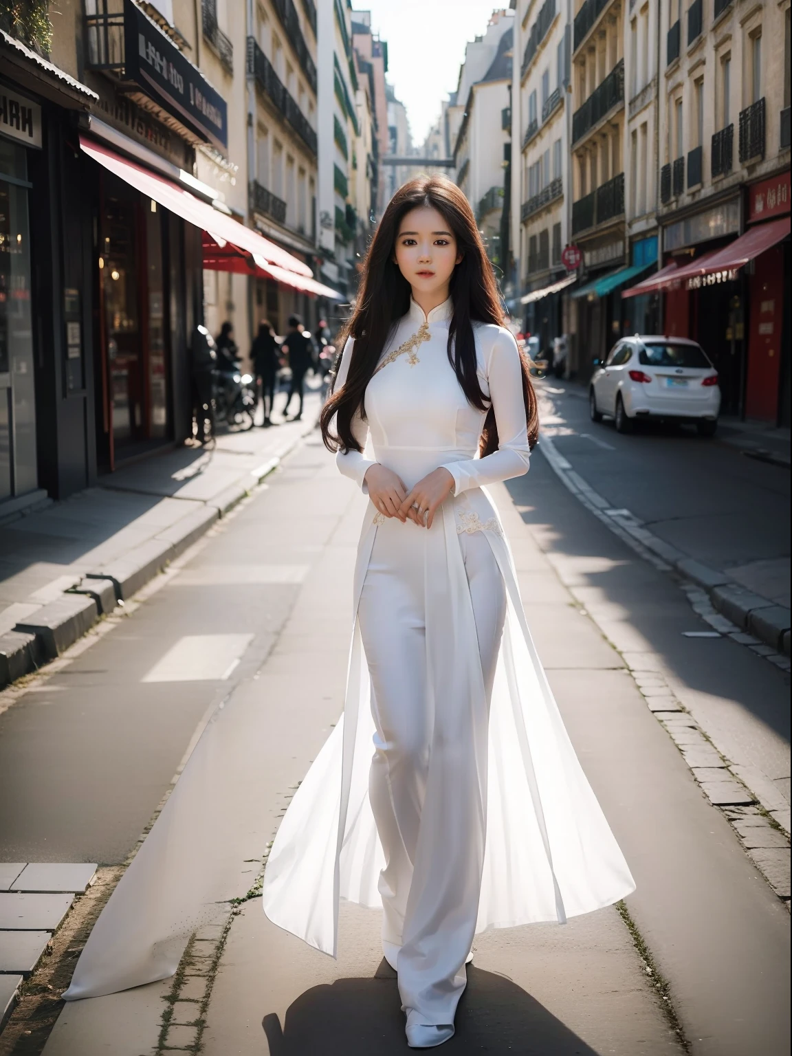 Best quality,masterpiece,ultra high res,(photorealistic:1.4),1 girl, solo,young and beautiful girl , 20 years old , long hair , wearing white Ao Dai , full body portrait , artistic style , bright light , posing on the streets of Paris , Taken with a Canon EOS 5D Mark IV, with the exposure adjusted to soften the light