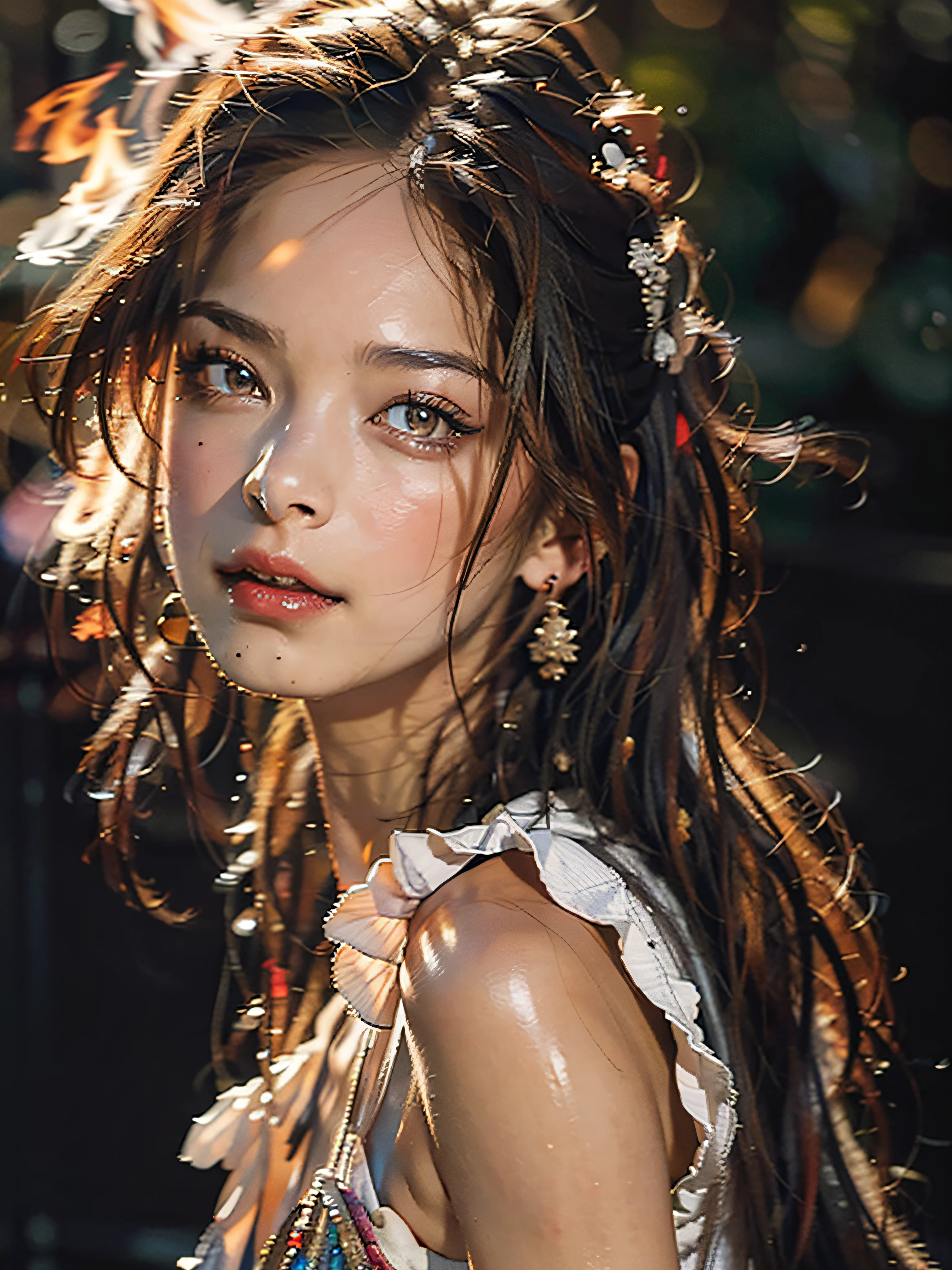 Best Quality, Masterpiece, Ultra High Resolution, (Realistic: 1.4) 1 Girl, beautiful_face, Detailed Skin, Full Body, Yuhuo, Fire, Jewelry, Solo, Earrings, (Fire: 1.3), Blur, Realistic, Lips,