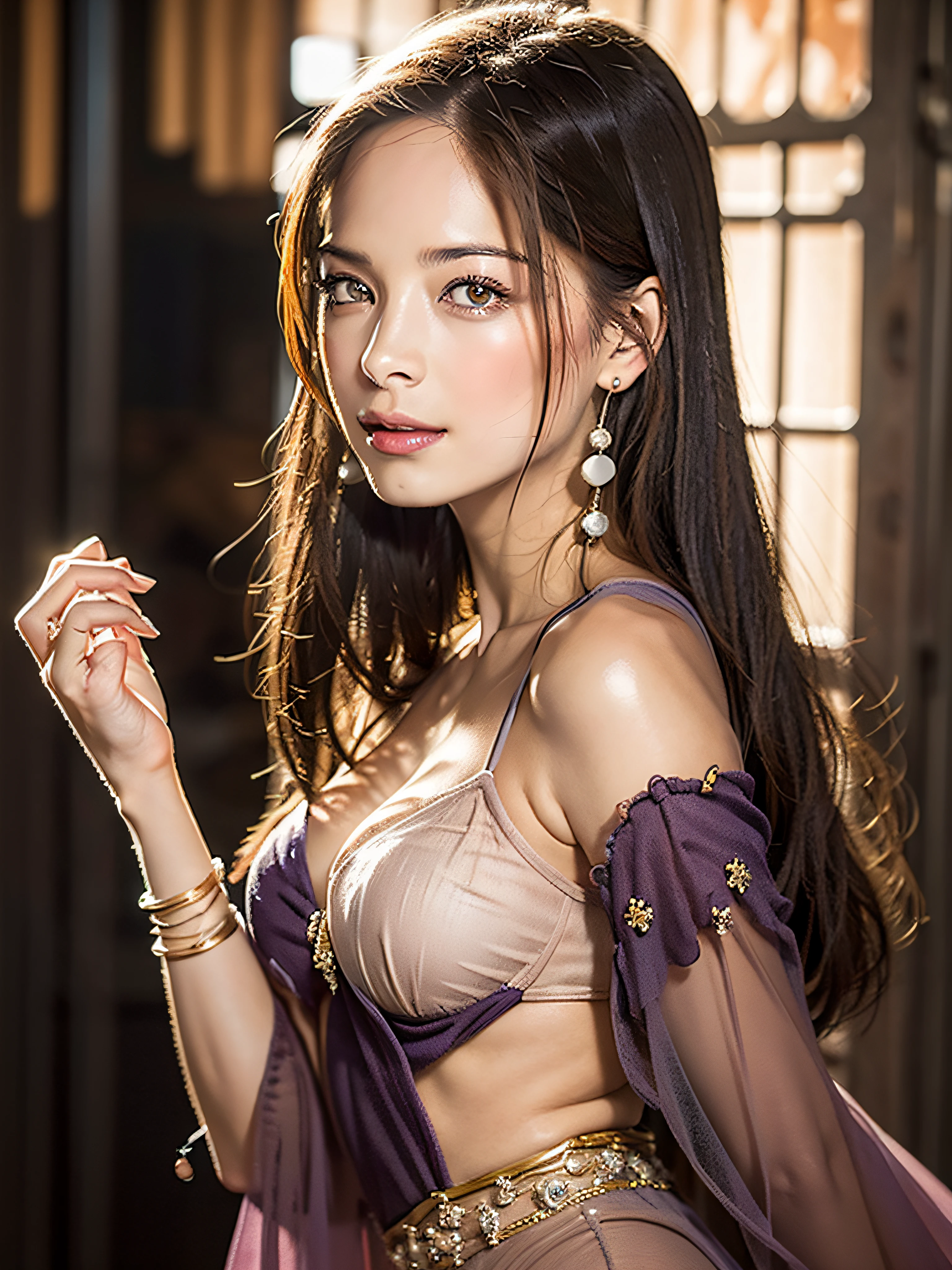 Best Quality, Masterpiece, Ultra High Resolution, (Realistic: 1.4) 1 Girl, beautiful_face, Detailed Skin, Full Body, Yuhuo, Fire, Jewelry, Solo, Earrings, (Fire: 1.3), Blur, Realistic, Lips,