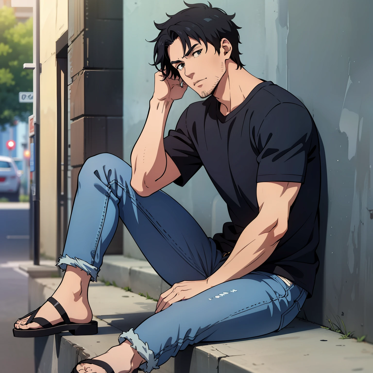 Cara de anime, A parte superior do corpo, Vestindo uma camisa preta, Jeans e sandálias , cabelo preto, restolho