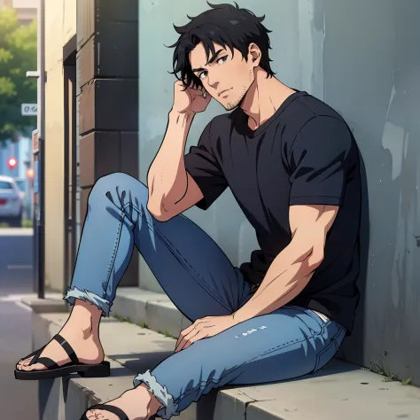 Anime Guy, The upper part of the body, Wearing a black shirt, Blue jeans and sandals , Black hair, Stubble