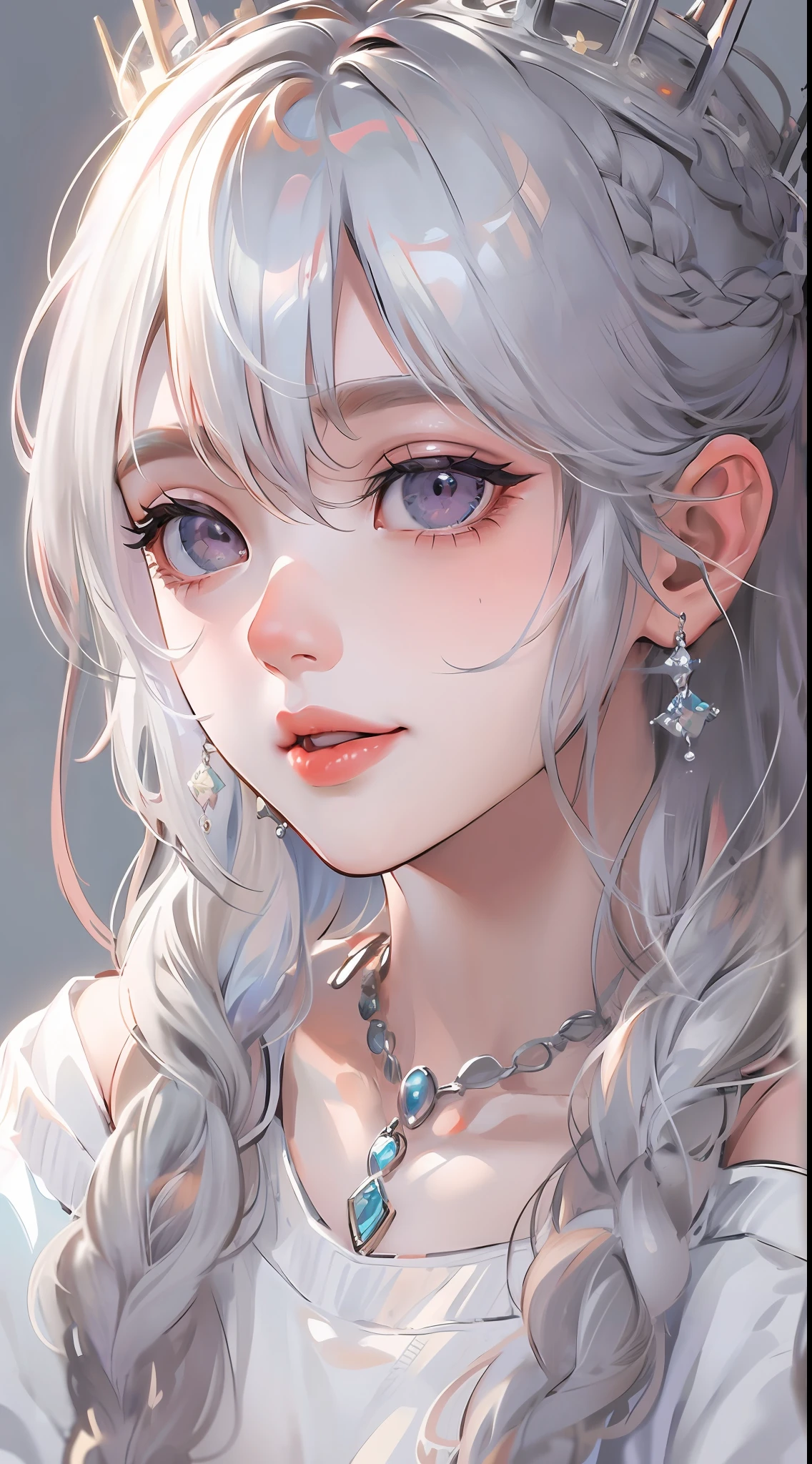 Best quality, highly detailed, masterpiece, ultra detailed, (reality: 1.2), 1 girl, (white background), simple background, delicate eyes, silver hair, purple eyes, hair_ornament, (white off-the-shoulder shirt: 1.3), long hair, pointy_ears, crown_braid, expressionless, straight hair, (++ sitting: 1.2), room,