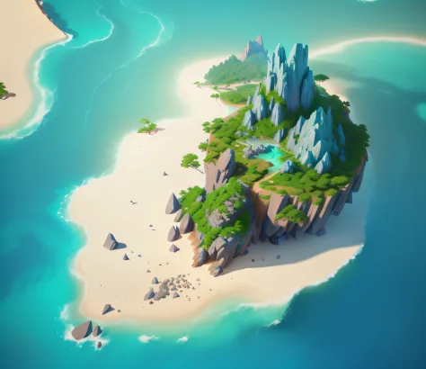 A close-up of a small island with lots of rocks and trees, Island background, Stylized concept art, isometric 3d fantasy island, Stylized game art, island landscape, Stylized art, island with cave, painted as a game concept art, epic matte painting of an i...