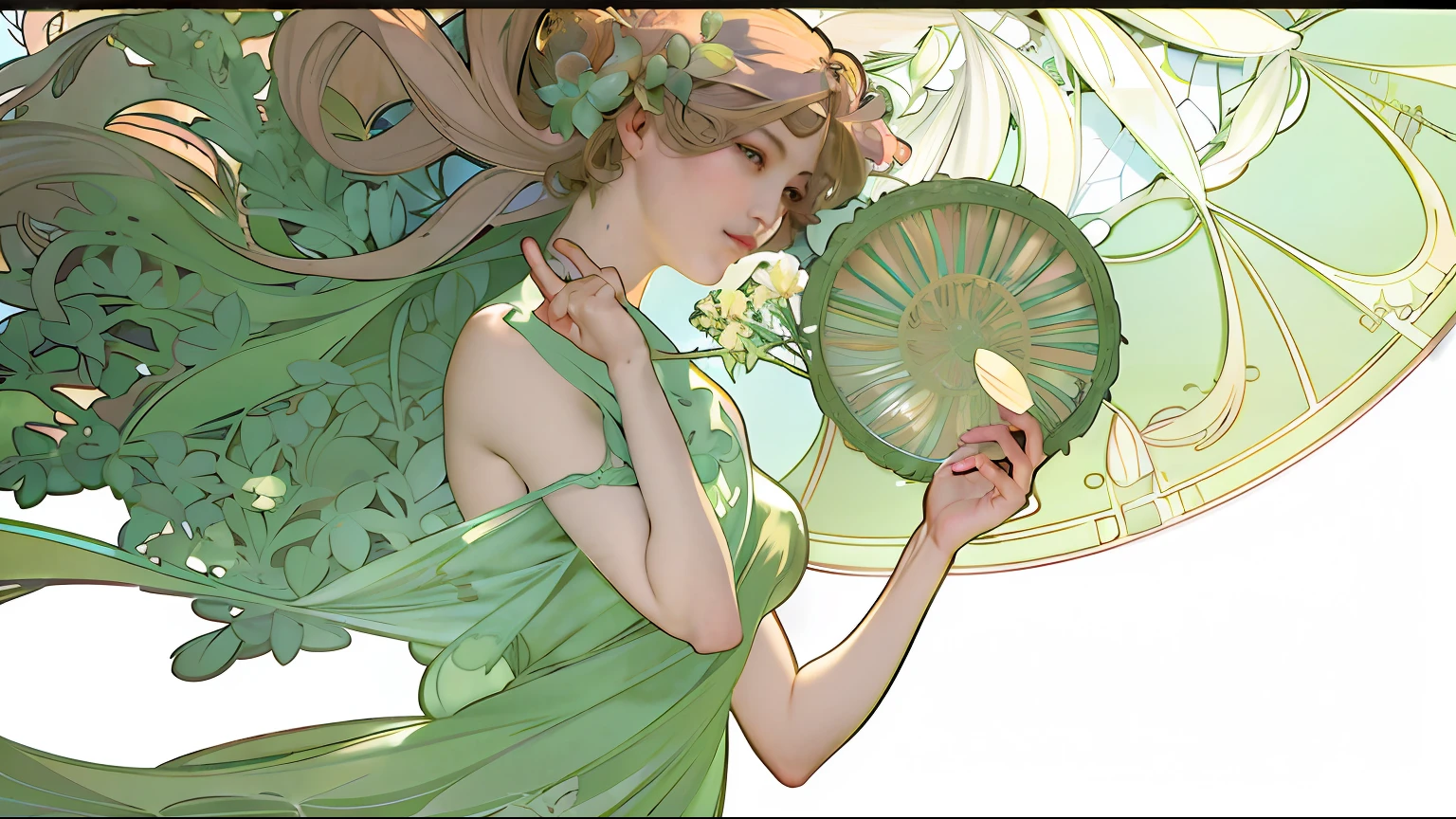 Había una mujer sosteniendo un abanico y una flor en su mano., alphonse mucha y rossdraws, estilo mosca 4k, flat cel shading mucha, Anime Art Nouveau, Sombra plana Mucha, anime coreano art nouveau, Estilo Alfonso Mucha, artgerm mucha, Artegam and Alphonse Mucha, Arte de Alphonse Mucha y Loish, alsphonse mucha