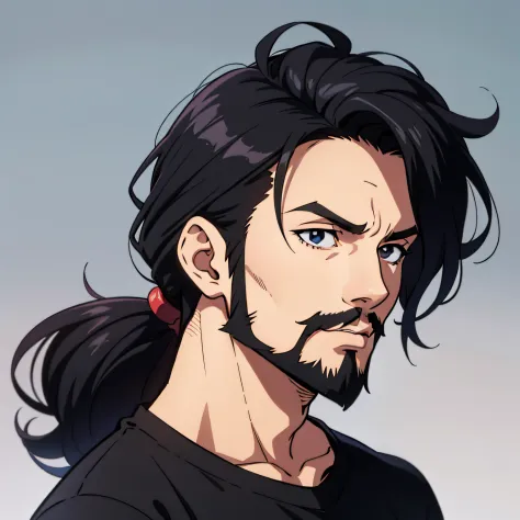 Anime Guy, The upper part of the body, Wearing a black shirt, Black hair, Trivial beard on the chin、White or transparent backgro...