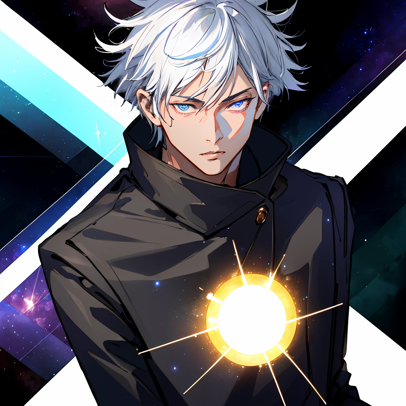 1boy, portrait, Satoru Gojo a man in a black coat, (white hair), (masterpiece), best quality, highres, (realistic face:1.1), (hyperrealistic:1.3), 4k, 8k, Detailed Illustration, intricate detail, glowing particles, floating, cinematic lighting, sharp shadows, amazing quality, amazing shading, (symetrical:0.5), facing camera, ultra-detailed, black default_outfit , ((upperbody)), night, red sparkle, blue sparkle, detailed galaxy, detailed background, (outdoors:1.3), (galaxy background:1.3), sitting,relaxed, blue eyes, looking at viewer, detailed eyes, detailed face, realistic,