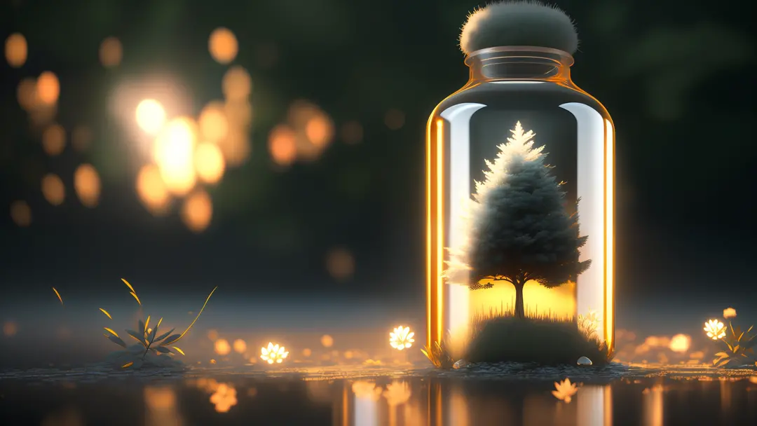 Fantastic art tree in a bottle，fluffly，realisticlying，photore，kanon，dream-like，Artistically，Leaves and branches of the glow，There are flowers on the top of the head。 Ultra-detailed photorealism by Greg Rutkowski - H 1024 W 804 | f 1 6 lens mark 2:2 s 3555 ...