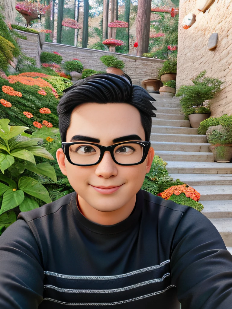 Disney  style，high high quality，Masterpiece，3 man，Single eyelid，Asian people，chineseidol，ssmile，Light lips，A handsome young man , keep the consistency of action ，expression , Clothing , shape and appearance of the photosh , Super detail , blender , deflate , ip , blindbox , cinematic edge lighting，black t-shirts，Single Eyelids，Squint your eyes，Black glasses frame，Look straight ahead with both eyes，The eyeball is located in the center of the eye, It can't be cross-eyed，Rectangular faces，clean short hair，Clean background screen