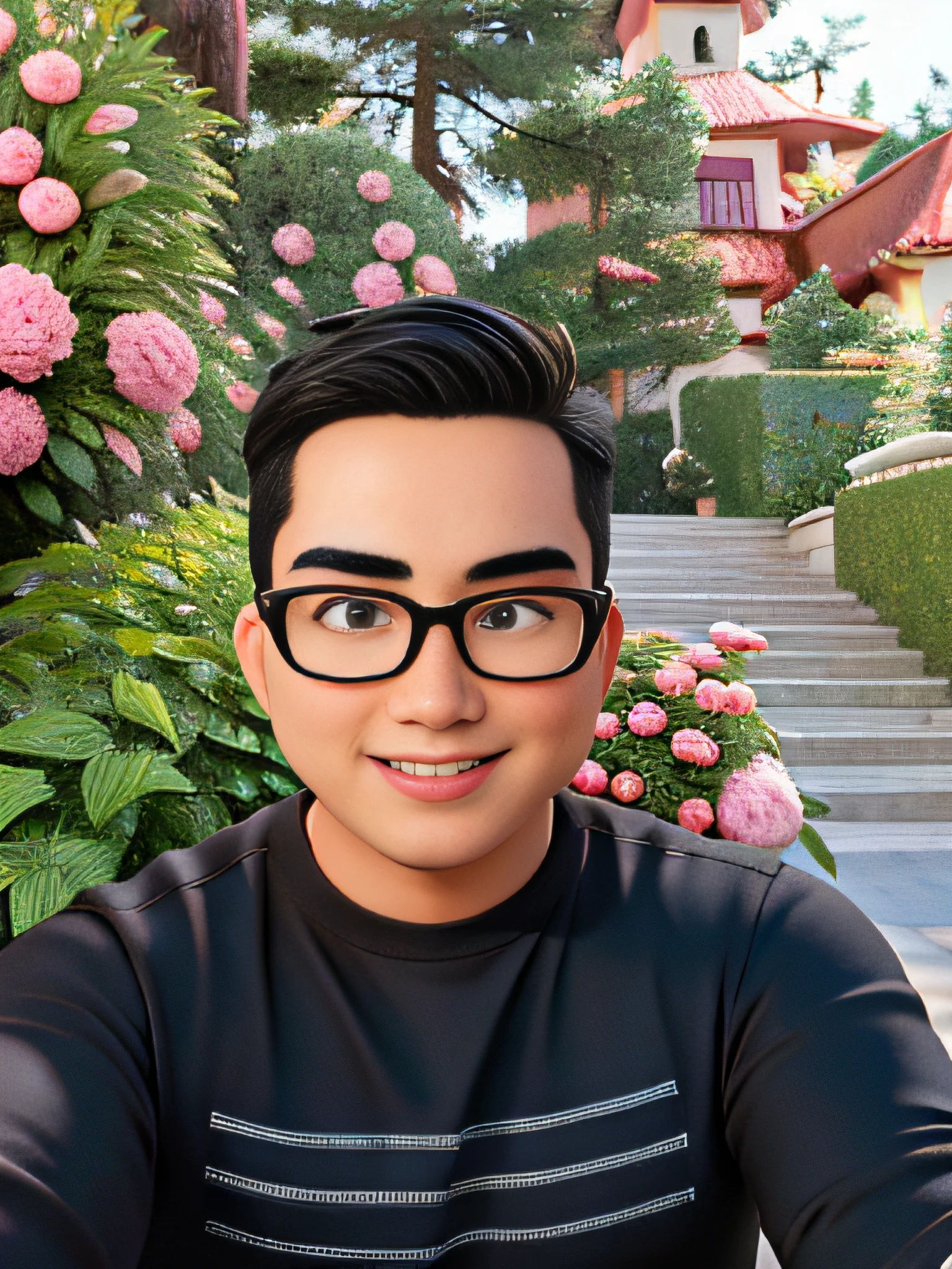 Disney  style，high high quality，Masterpiece，3 male，Single eyelid，Asian people，chineseidol，Smile，Thick lips，A handsome young man , keep the consistency of action ，expression , Clothing , shape and appearance of the photosh , Super detail , blender , deflate , ip , blindbox , cinematic edge lighting，black t-shirts，Single Eyelids，petty eyes，Black glasses frame，Look straight ahead with both eyes，The eyeball is in the center of the eye，Rectangular faces，clean short hair，Clean background screen