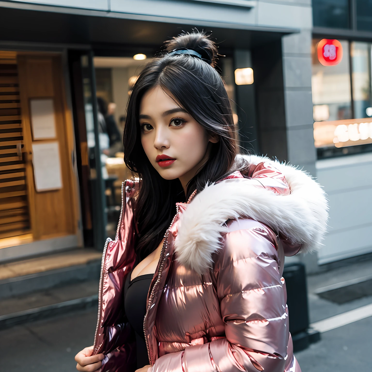 chubby Japanese woman,  pale skin,  dark red lipstick, big pouting lips, wearing a very large tight shiny puffer coat, thick eyebrows, photorealistic, masterpiece, in Sapporo , moncler, fluffy fur hood, attitude on her face, hair tied on top, cleavage, open coat, snowing, cute, silk breasts, silk