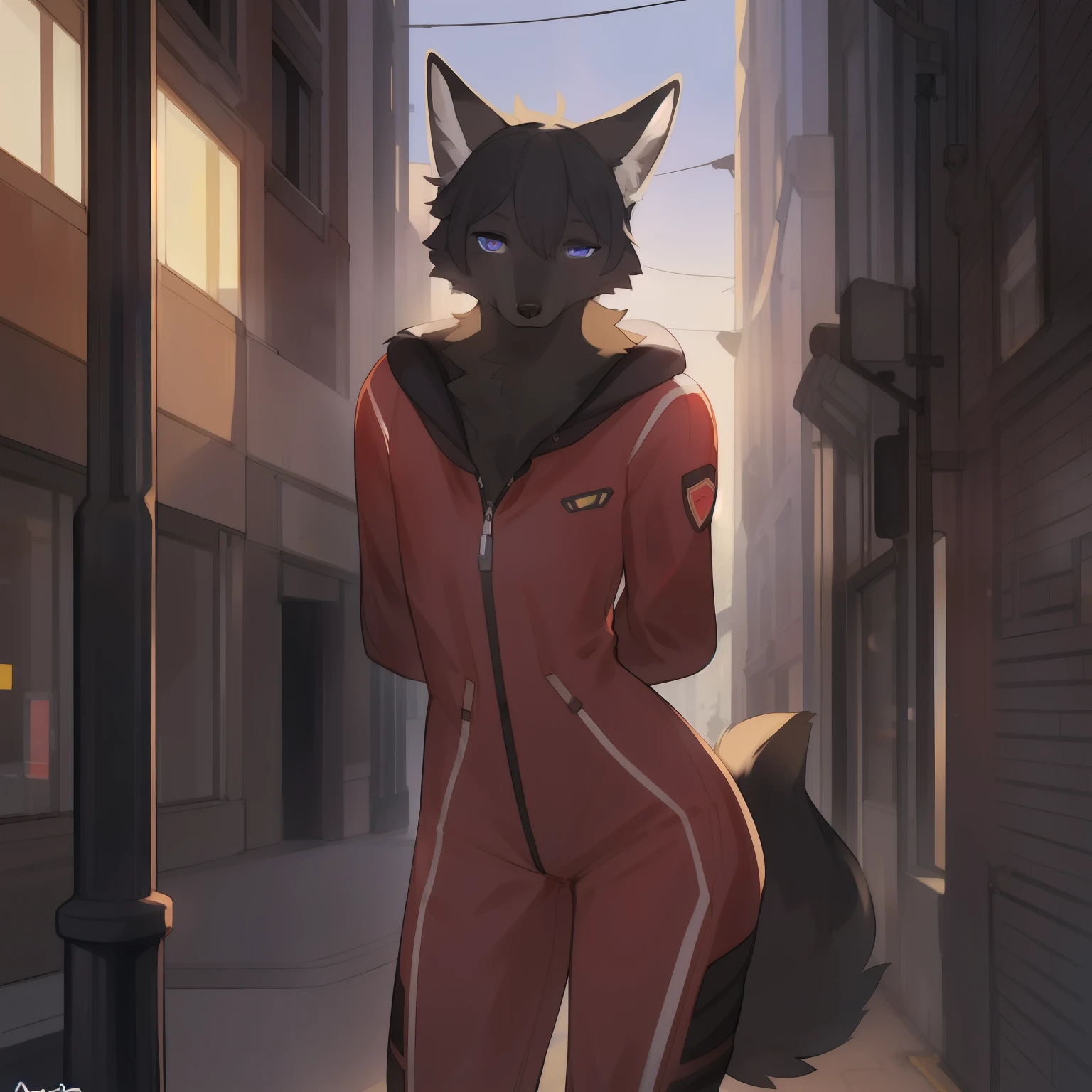 Solo, male, standing, ((black fox, snout, by bebebebebe)), by spuydjeks, medium hair, black hair, black fur, canine, slim, small waist, wide hips, street, indigo eyes, hands behind back, one tail, red military spacesuit