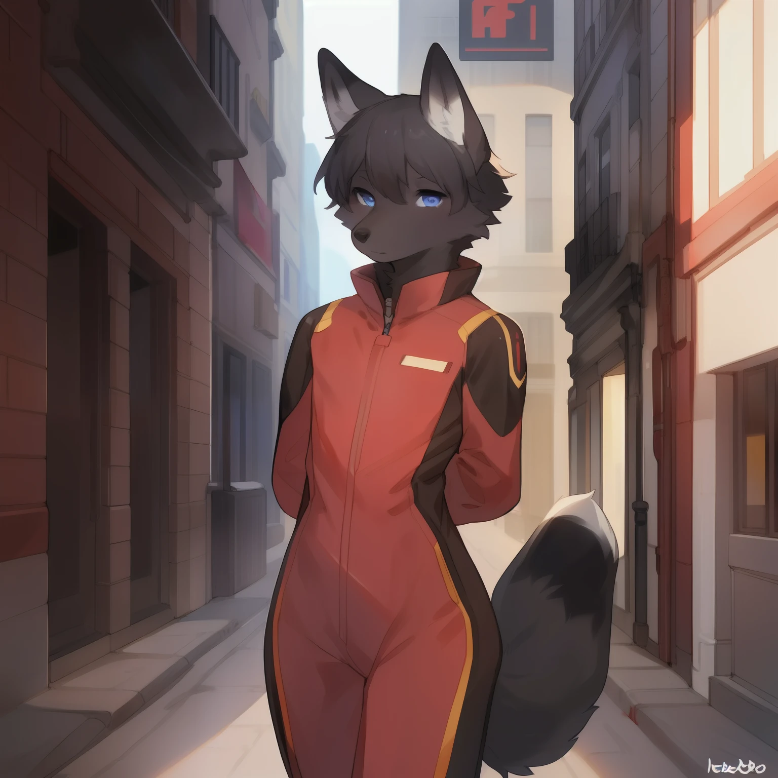 Solo, male, standing, ((black fox, snout, by bebebebebe)), by spuydjeks, medium hair, black hair, black fur, canine, slim, small waist, wide hips, street, indigo eyes, hands behind back, one tail, red military spacesuit