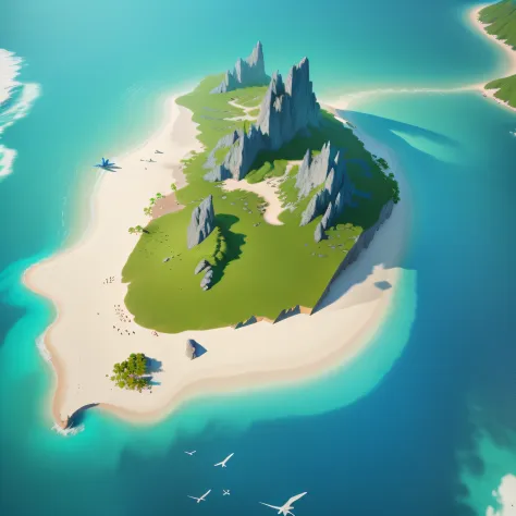 Image of the island，There is a beach，A few birds flying around, Island background, island landscape, stylized 3d render, island with cave, high quality lowpoly art, isometric 3d fantasy island, Stylized art, 3 d render stylized, atey ghailan 8 k, stylized ...
