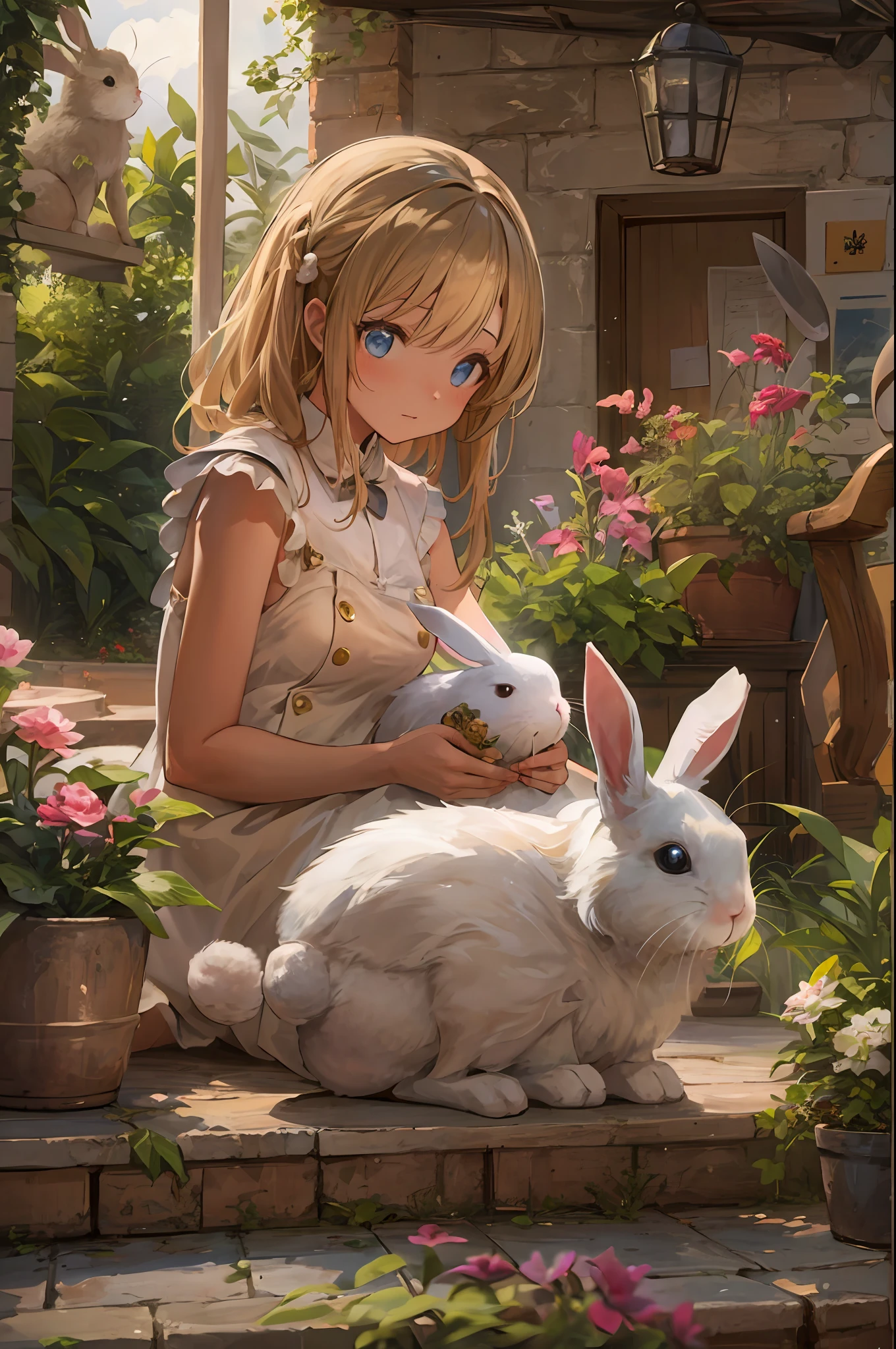 "一个女孩在迷人而温馨的庭院环境中与她心爱的宠物兔子深情地相处的温馨场景."