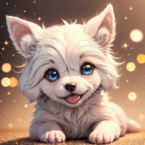 ((best qualtiy)), ((tmasterpiece)), (the detail:1.4), 3D, Milky cute white big-headed puppy，Fluffy hair，The eyes are big，happy laughing，There are glitter flakes on the hair，Facing the camera squarely，Warm background --auto