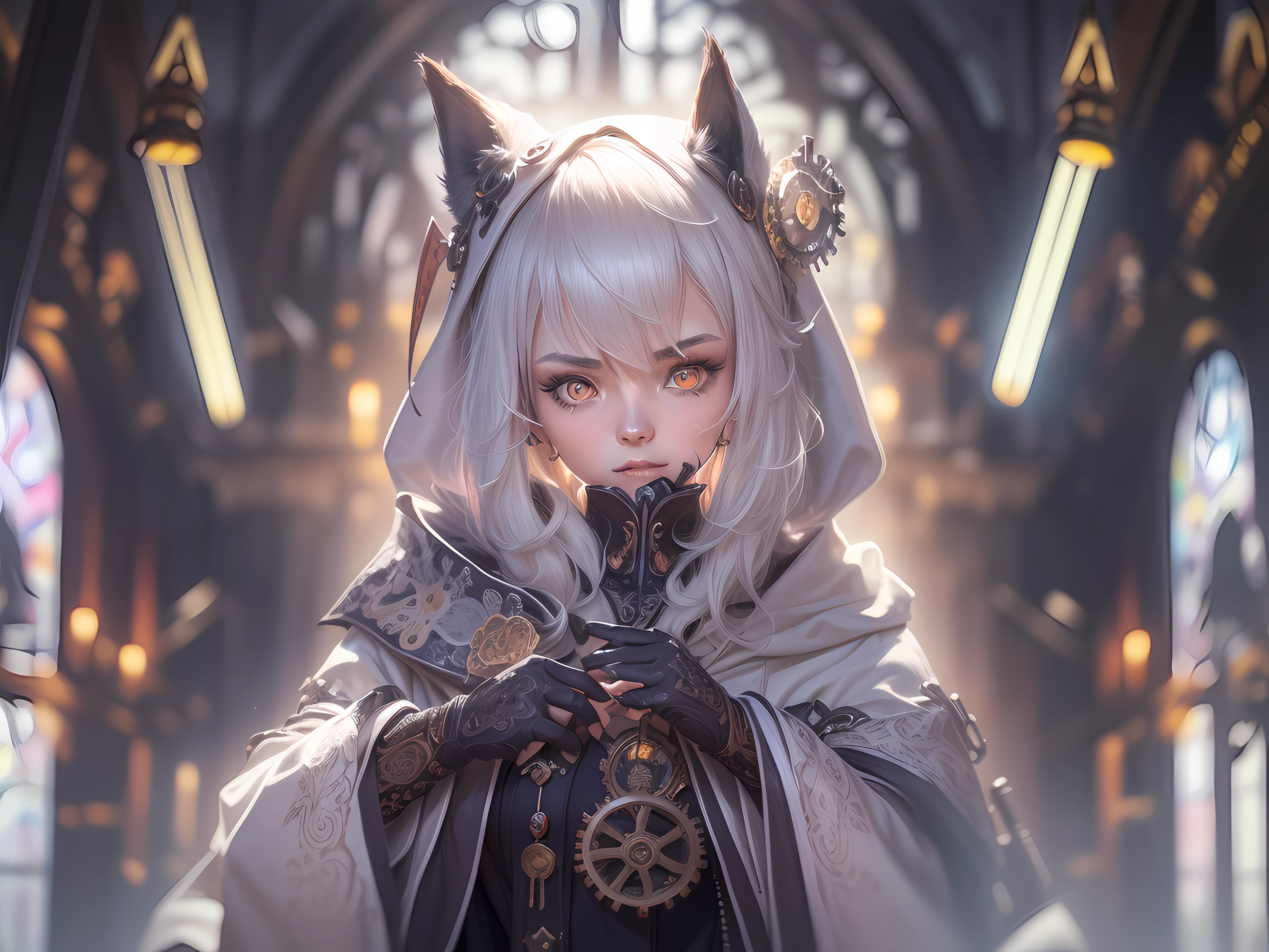 model. (1 japan girl, ember color fox ear, short silver hair, 15 year old (small breasts:1.3), (small head), pale skin, ((platinum hair color)), wearing cloth, wearing black cloak with gears (long robes, magical robes, technical wearing). dark church background, mechanism gears, industry technology, automaton, electric sparks cinematic atmosphere. ((amber eyes high quality, high quality face)), (extremely intricate robes, magical robes), Dynamic action poses in battle scenes, very complex and casting black flame, swirling fire, radiating power, smoke, magic black flame ((dramatic)), bokeh, gothic, ember particles, skulls and lit candles red glow, shadows, top camera angle, (detailed eyes:1.3), (detailed face:1.3), (perfect hands:1.3). realistic shadows, ultra detailed high resolution, sharp focus, depth of field, (Masterpiece:1.2) (photorealistic:1.2) (best quality) (intricate details) (High Poly) (Raytracing), (neutral colors:1.2), (hdr:1.4), (muted colors:1.2), hyperdetailed, (artstation:1.4), cinematic, cold lights, dramatic light, (intricate details:1.1), (teal and orange:0.4)", detailed background, (steam-punk theme:1.1) determined expression, floating lights.