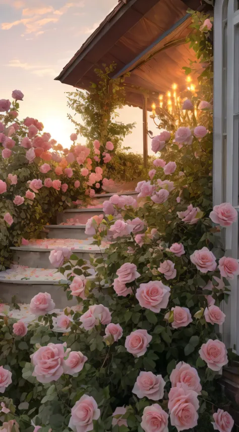 A bush of pink roses outside the house, beautiful and aesthetic, soft pink, beautiful aesthetic, roses in movie lights, lush flo...