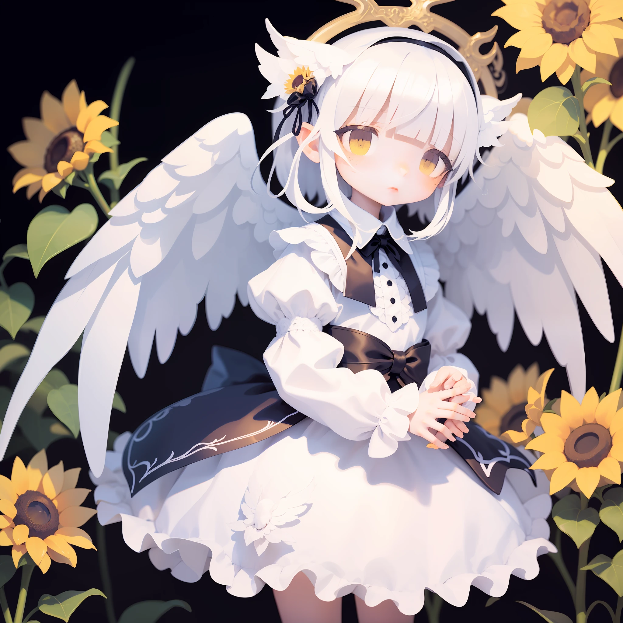 A demon that looks like an angel、girl with、Sunflower pattern dress、White hair