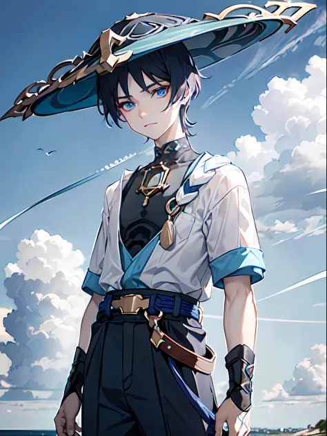 1boy, belt, blue_eyes, ((pale skin)), blue_hair, blue_sky, closed_mouth, cloud, day, hat, looking_at_viewer, male_focus, shirt, ...