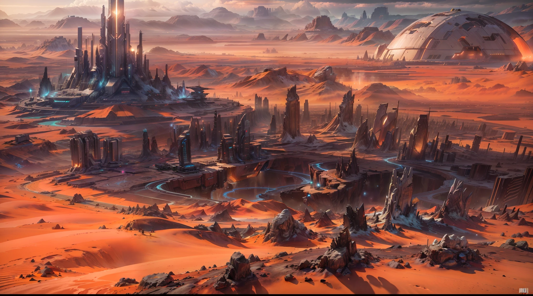 A wide landscape photo, pan, (view from afar, The sky is above and the open field is below), in the distance a large futuristic city on Mars, city cyberpunk, Spaceships fly over the city, (fullmoon: 1,2), dim sky, dark starry night, (Meteor: 0,9), (nebula: 1,3 ), distant mountains , sand dunes, (warm light: 1.2), (stele: 1.2), lights, lot of purple and orange, details Intricate, volumetric lighting BREAK (Masterpiece artwork: 1.2), (best qualityer), (extremely detailed 8k wallpaper), photo realism, octane render, NVIDIA ray tracing, 4K, ultra detaild, (dynamic compositing: 1.4), Rich in Details and Color, (rainbow color: 1.2), (sheen, Atmospheric Illumination), dreamy, magica.