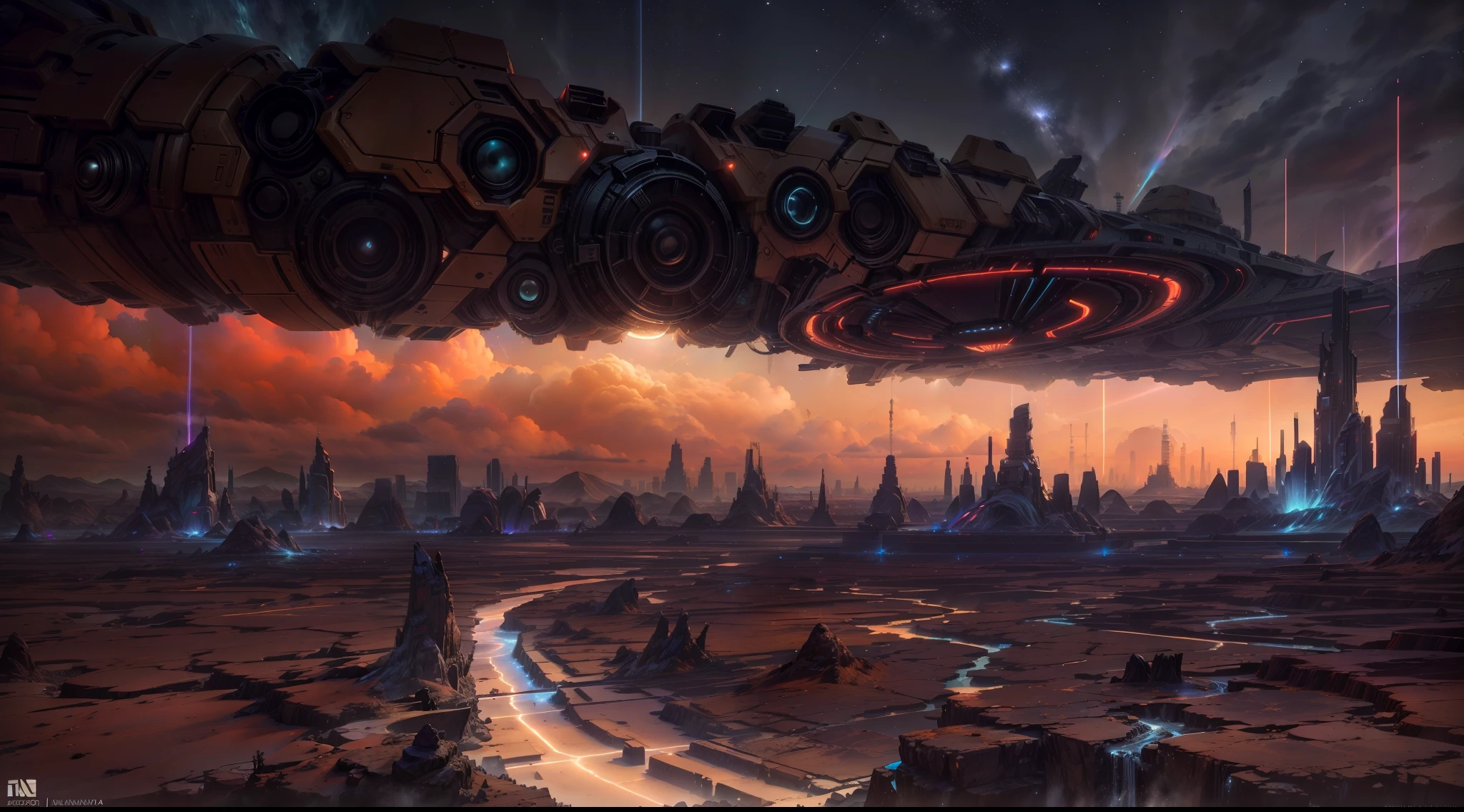 A wide landscape photo, pan, (view from afar, The sky is above and the open field is below), in the distance a large futuristic city on Mars, city cyberpunk, Spaceships fly over the city, (fullmoon: 1,2), dim sky, dark starry night, (Meteor: 0,9), (nebula: 1,3 ), distant mountains , sand dunes, (warm light: 1.2), (stele: 1.2), lights, lot of purple and orange, details Intricate, volumetric lighting BREAK (Masterpiece artwork: 1.2), (best qualityer), (extremely detailed 8k wallpaper), photo realism, octane render, NVIDIA ray tracing, 4K, ultra detaild, (dynamic compositing: 1.4), Rich in Details and Color, (rainbow color: 1.2), (sheen, Atmospheric Illumination), dreamy, magica.