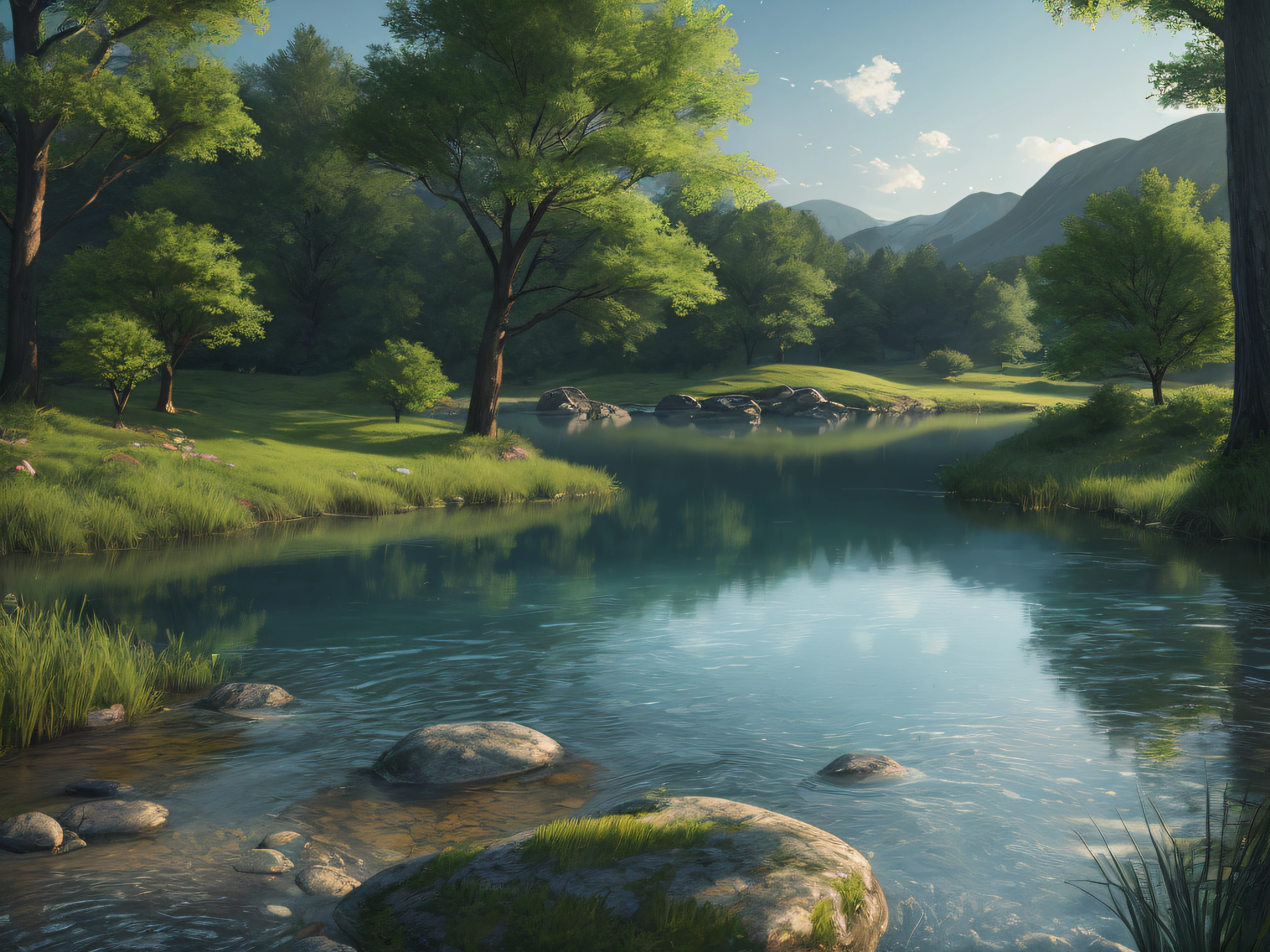 A peaceful place, very pleasant, aesthetic, calm, scenic. photorealistic, 8k uhd, studio quality, ultra realistic, max detail, massive scale, post-processing, realistic, photorealism, photoshop, photography, detailed, cinematic lighting, landscape, panoramic, landscape, raytracing, cinema4d