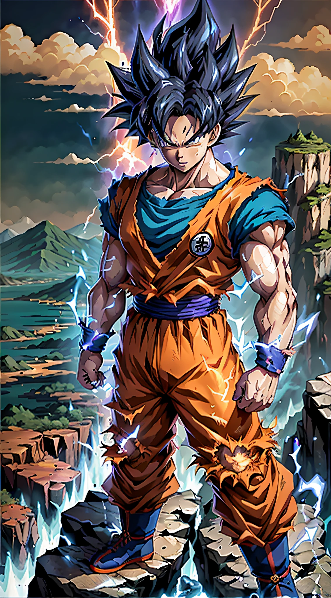 Super Saiyan Goku desata una enorme ola de energía mientras está parado en la cima de una montaña, los alrededores están llenos de exuberante vegetación, y el cielo es una mezcla de tonos naranja y morado. La onda de energía es de color azul brillante con chispas eléctricas a su alrededor.. (animado:1.2), (iluminación dramática:1.1), (Colores vibrantes:1.3), (sombreado de celdas:1.1), (composición dinámica:1.2)
