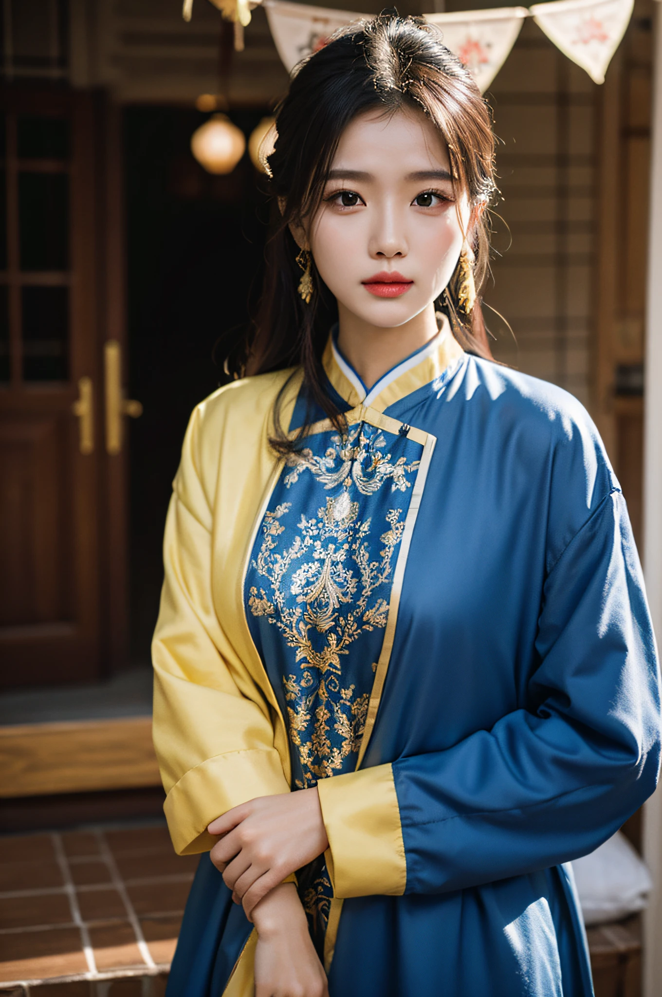 （Hyperrealistic,）8K,35mm，hyper-high detail, Professional lighting, Best quality, Ultra-high resolution, Visually stunning, (1girll:1.1), （Uyghur clothing 1.2）,realskin,（Perfect body 1.3）（Ultra-delicate face）Uyghur