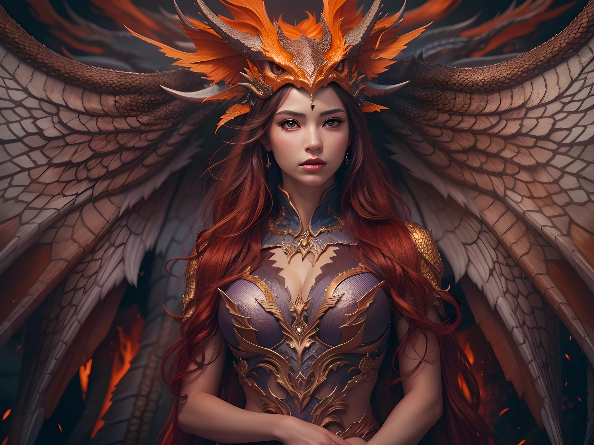 highly detailed photo, sharp details, realistic, 4k, RAW photo, woman, dragon, beautiful, fusion, fantasy creature, scales, mythical, majestic, powerful, alluring, enchanting, elegant, fiery, wings, mythical being